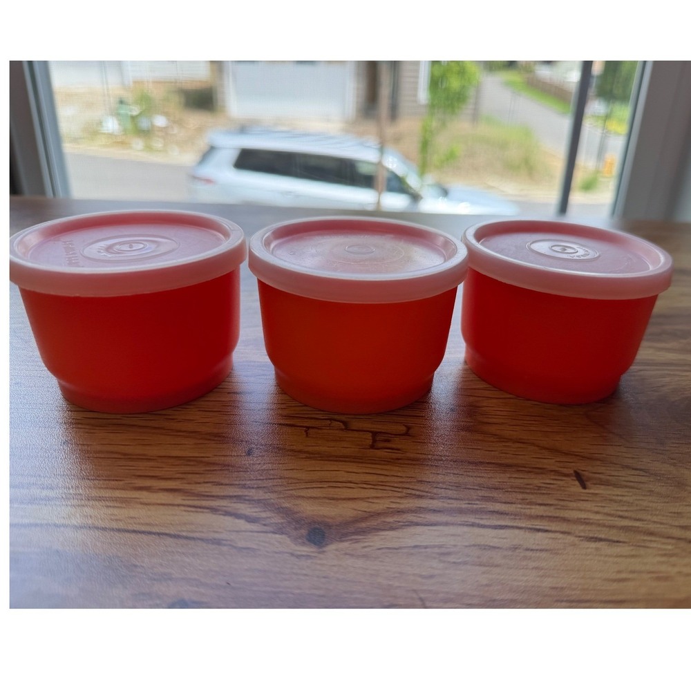 Vintage Tupperware 4oz Snack Cup Set 3 Orange Bowls w/ Lids 1229-13 USA